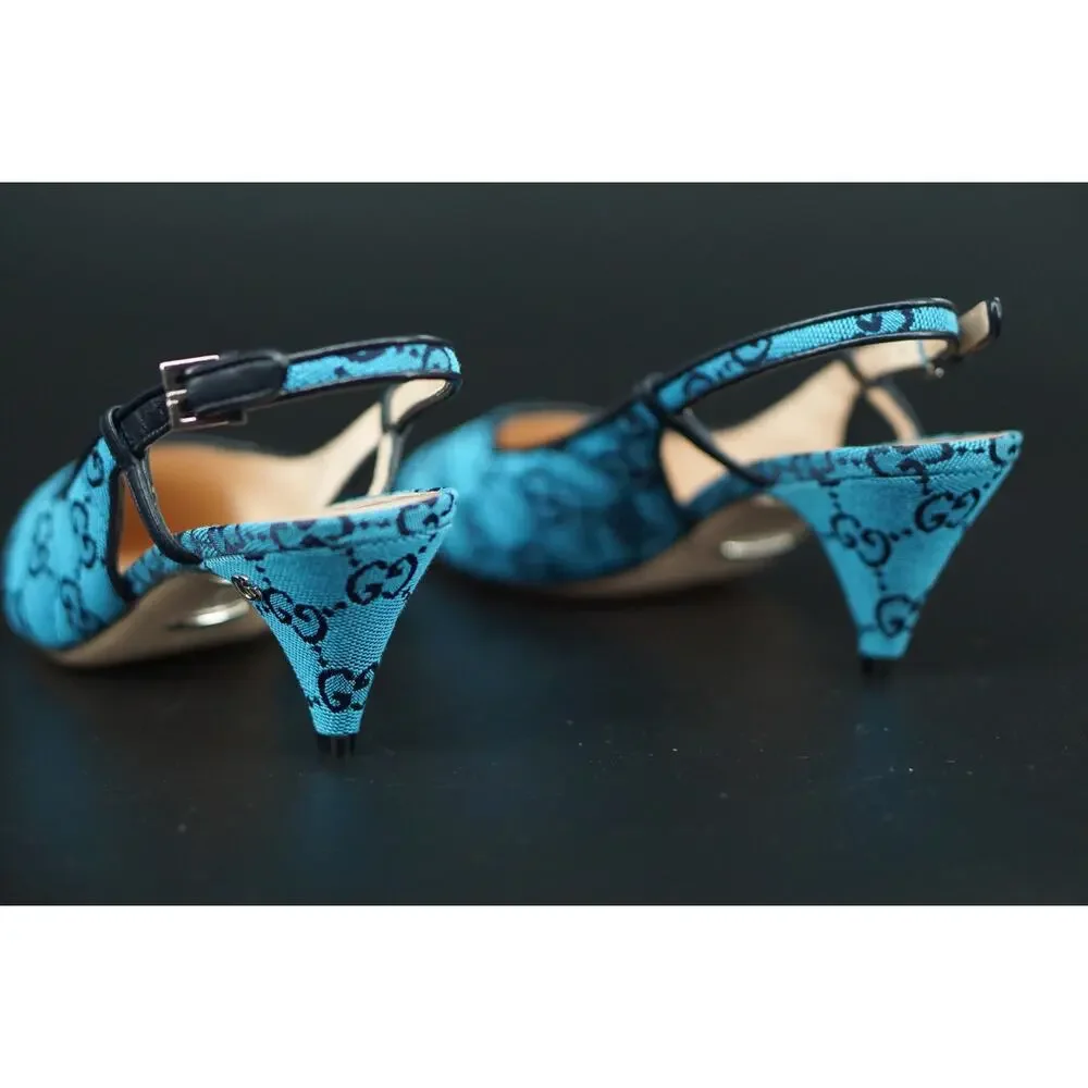 Gucci Charlotte Blue Canvas GG Strap Pointed Toe Slingback Pumps Size 37 $695
